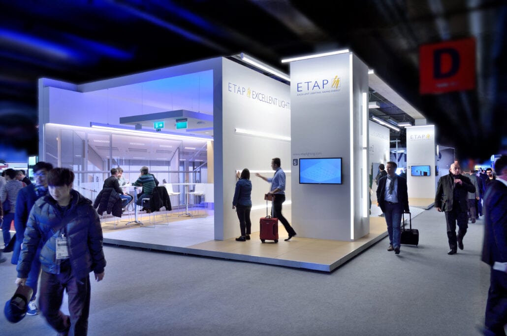 Volledig op maat gemaakte en gepersonaliseerde beursstand op Light&Building Frankurt Etap beursstand op Light and Building te Frankfurt