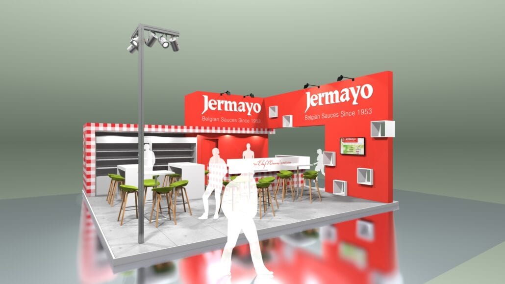 Bij Expo Z ontwerpen we uw beursstand op maat van uw bedrijf volgens uw huisstijl en uw budget. uniek ontwerp voor de beursstand Jermayo op de beurs Tavola