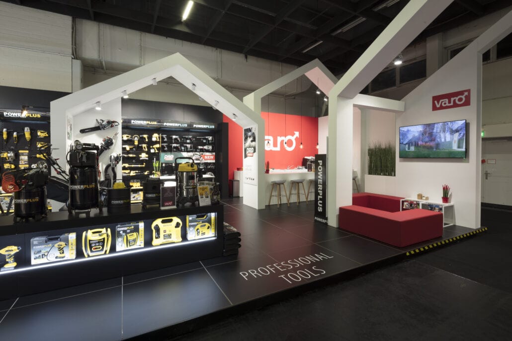 beursstand Powerplus ontwerp huisjes concept