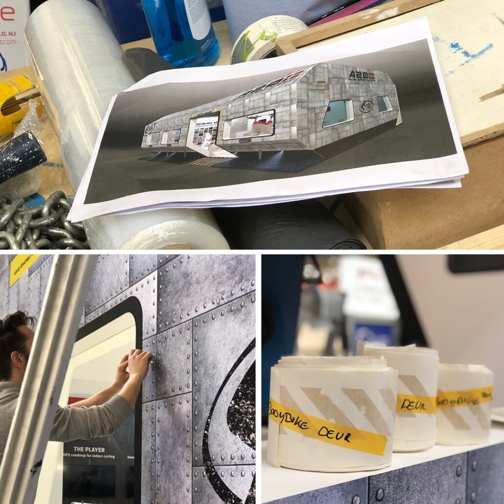 Onze standenbouwers zijn zeer vakkundig en ervaren. Zij hebben oog voor de kleinste details. standenbouwer aan het werk bij de opbouw van de beursstand Les Mills op Fibo Keulen