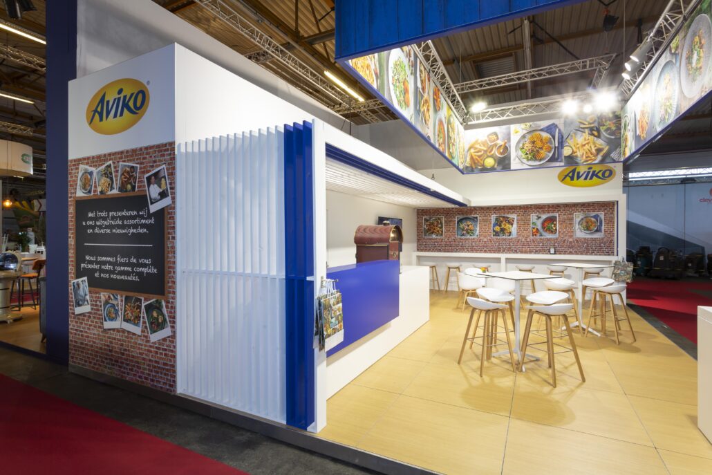 Ontzorging, kwaliteit, creativiteit en flexibiliteit. Expo Z, jouw betrouwbare standenbouwer in België en Europa. Beursstand Aviko op Horeca Expo Gent.